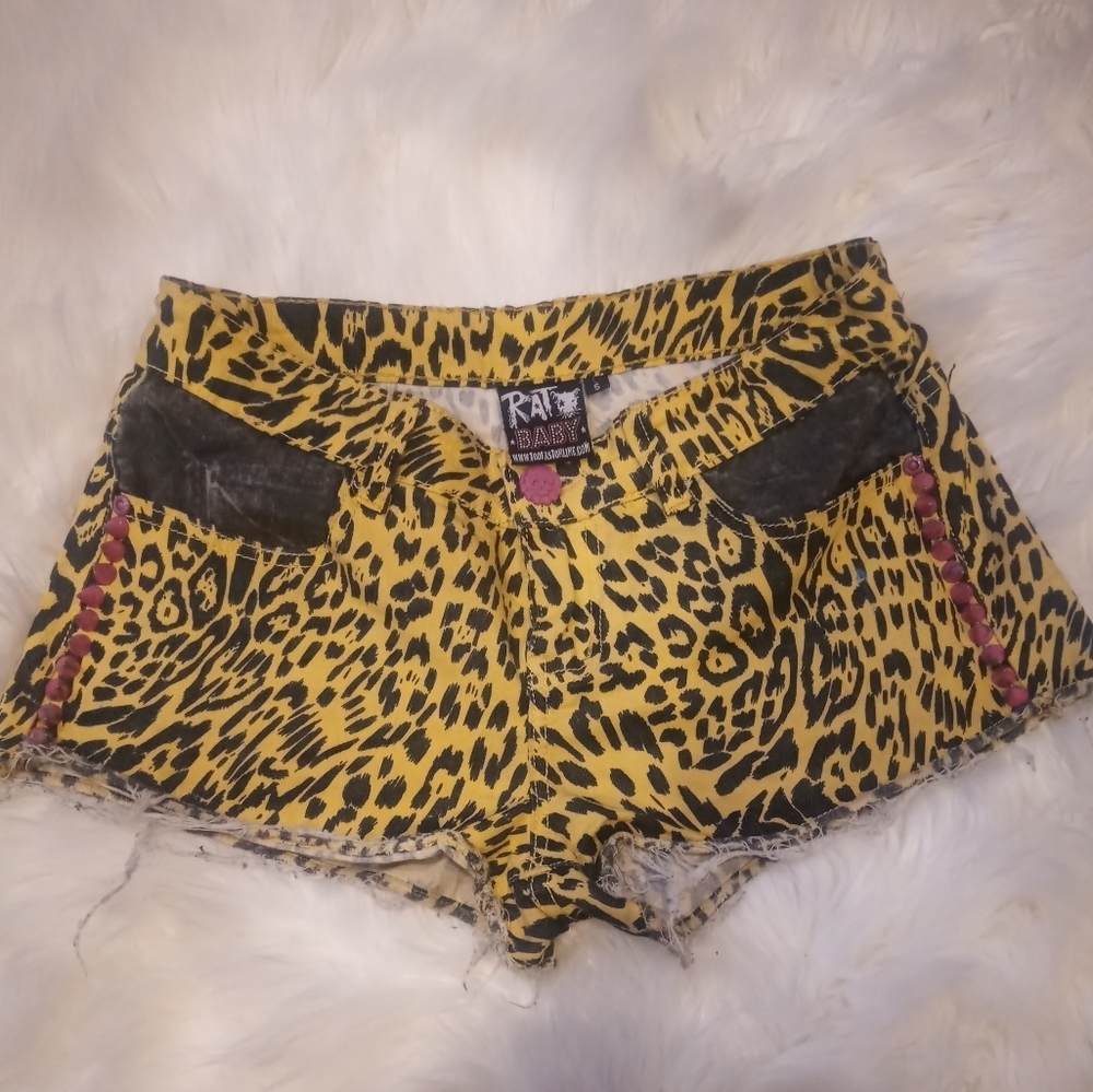 Rat Baby Too Fast Leopard Print Spike Cut Offs